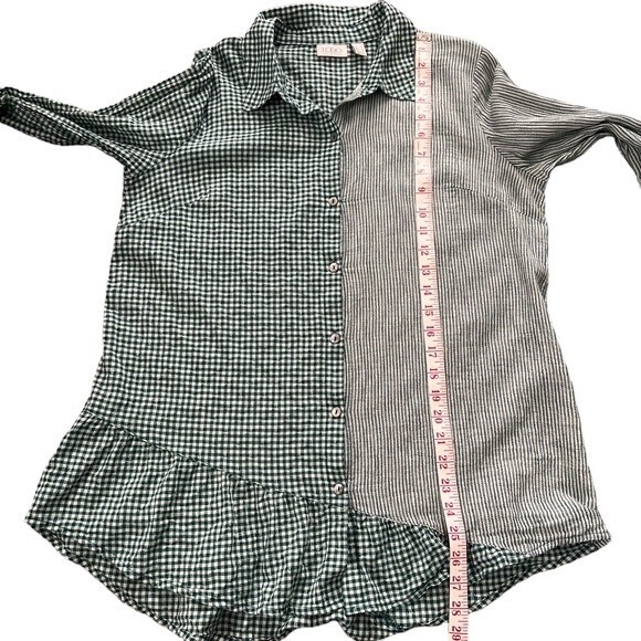 LOGO by Lori Goldstein Green Gingham Striped Ruffled Button Up Long Sleeve Small - Picture 14 of 14